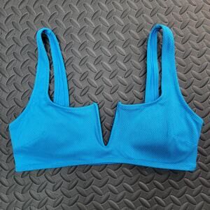 Aerie Bikini Top Large Blue Textured Notch V Scoop Bralette Swim Vacation Ready